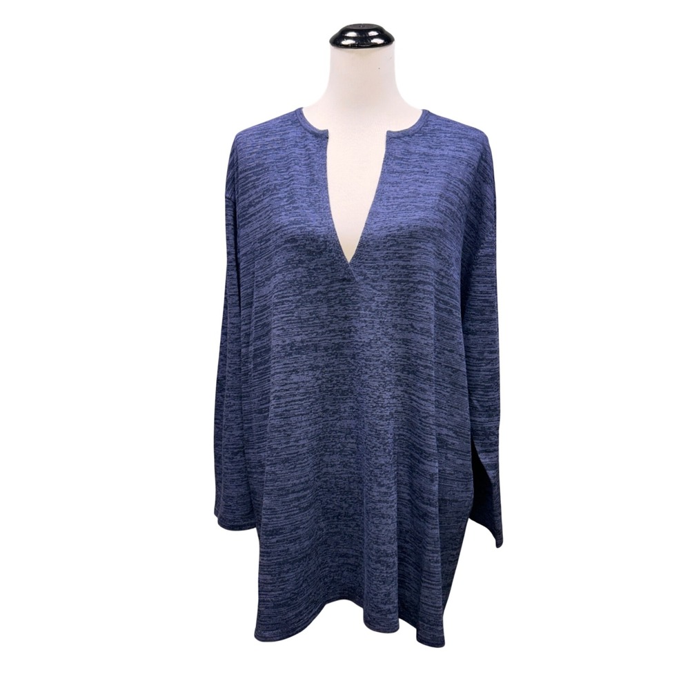 J. Jill Tunic Sweater Women 2X Blue Space Dye V-Neck Back Button Knit Lagenlook